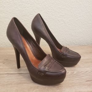 SCHUTZ Brown Leather Penny Loafer Pumps